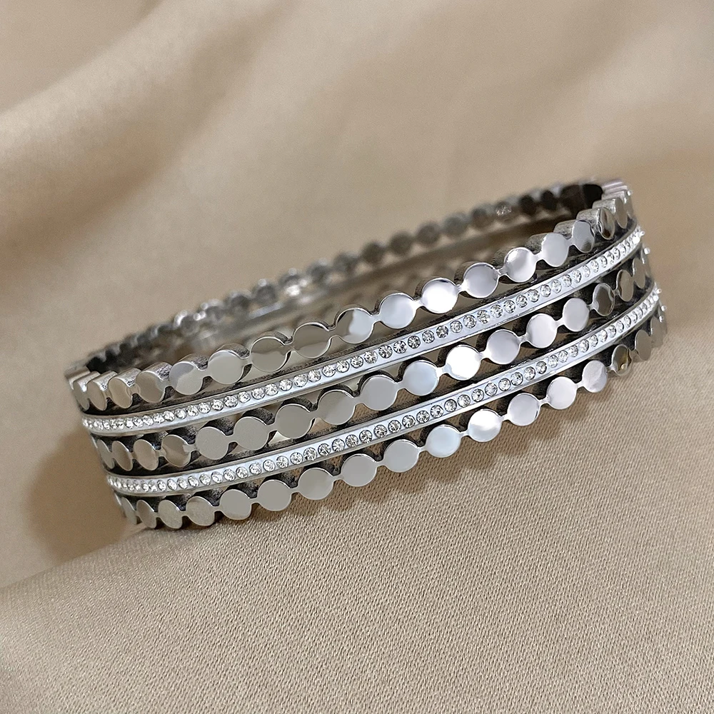 Multiple Rows Round Nails Double Row Rhinestones Stainless Steel Brangle Bracelet for Women Cuff Wristband Jewelry Accessories