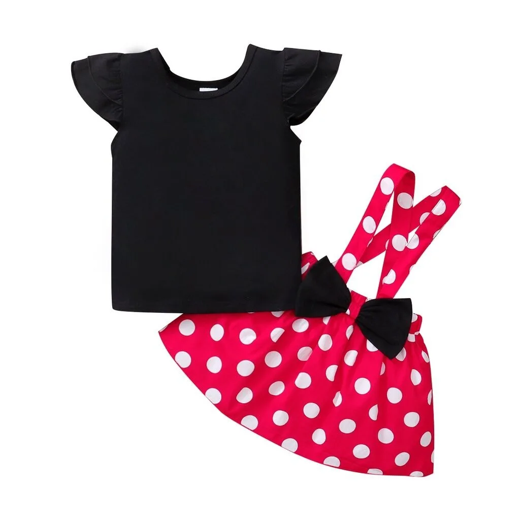 2PCS Summer Toddler Girls Cute Dress Set Short Sleeve Black T-shirt+Polka Dot Suspender Skirt Party Wear for Kid Girls 1-5 Years
