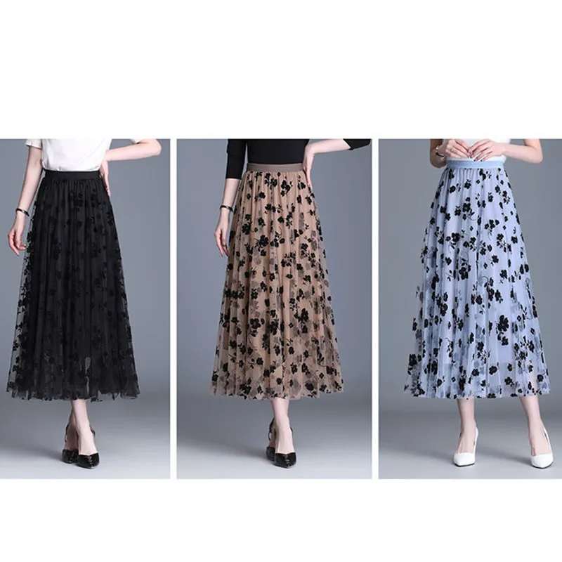 GIDYQ Korean Women Mesh Skirt Fashion Hook Flower Loose Midi Skirt Elegant Female Casual All Match Skirts Summer New