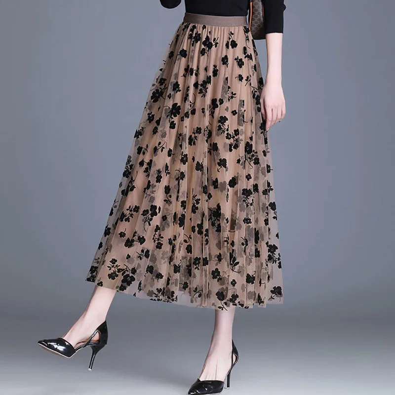 GIDYQ Korean Women Mesh Skirt Fashion Hook Flower Loose Midi Skirt Elegant Female Casual All Match Skirts Summer New