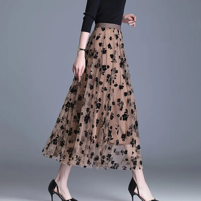 GIDYQ Korean Women Mesh Skirt Fashion Hook Flower Loose Midi Skirt Elegant Female Casual All Match Skirts Summer New