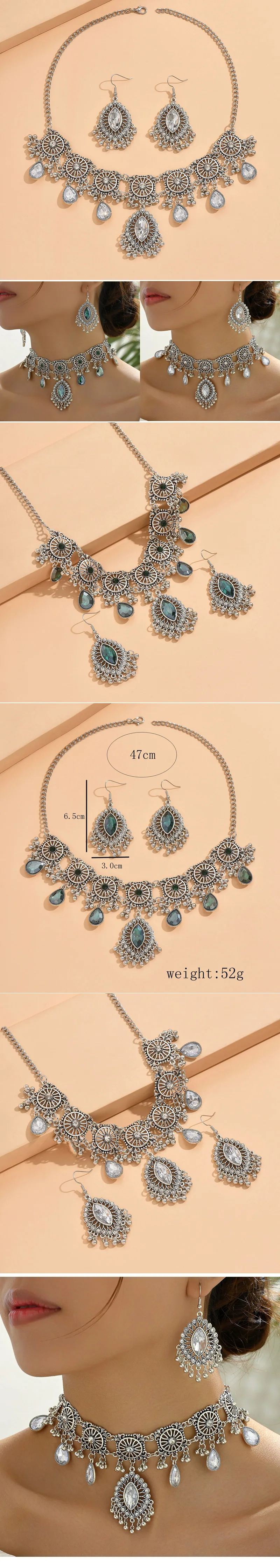 Vintage Ethnic Jewelry Set For Woman Resin Stone Jewelry Sets Hollow Metal Water Drop Necklace Earrings Set For Women