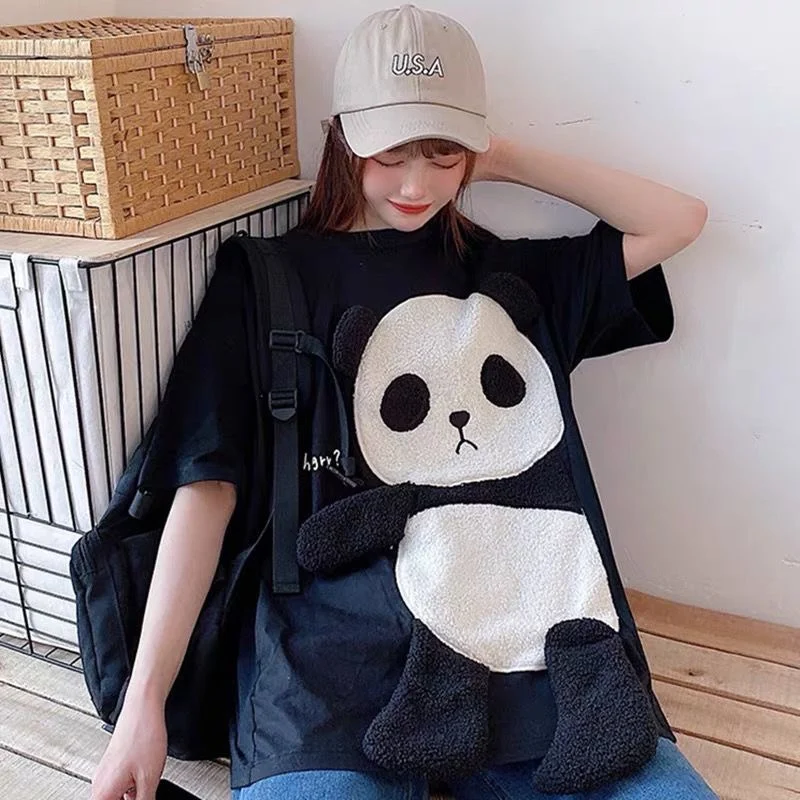 Women Pullover Cotton Crop Tops O-neck Summer Cartoon Panda T-shirts Chic Streetwear Tshirts Casual Short Sleeve Top Tees Y2K