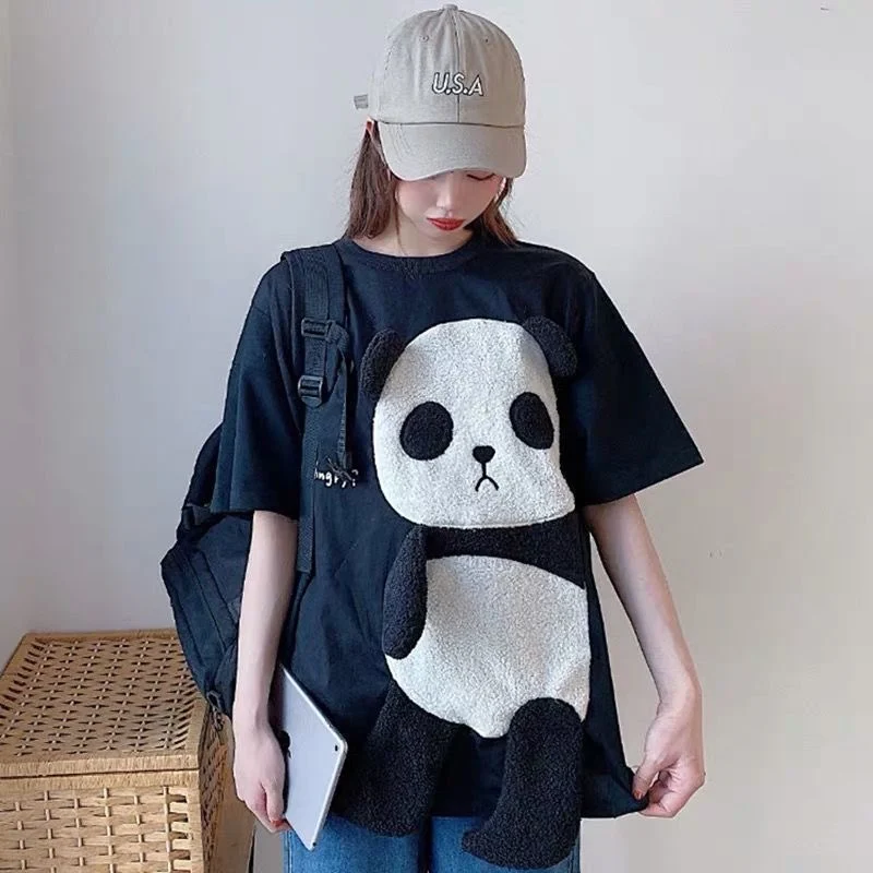 Women Pullover Cotton Crop Tops O-neck Summer Cartoon Panda T-shirts Chic Streetwear Tshirts Casual Short Sleeve Top Tees Y2K