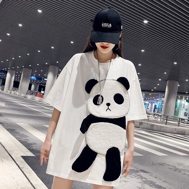 Women Pullover Cotton Crop Tops O-neck Summer Cartoon Panda T-shirts Chic Streetwear Tshirts Casual Short Sleeve Top Tees Y2K