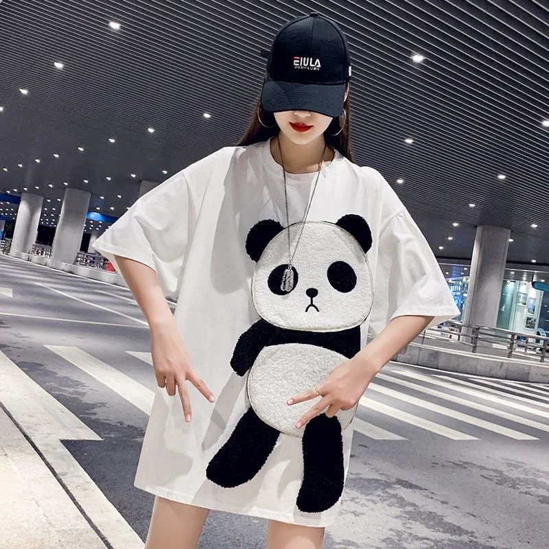 Women Pullover Cotton Crop Tops O-neck Summer Cartoon Panda T-shirts Chic Streetwear Tshirts Casual Short Sleeve Top Tees Y2K