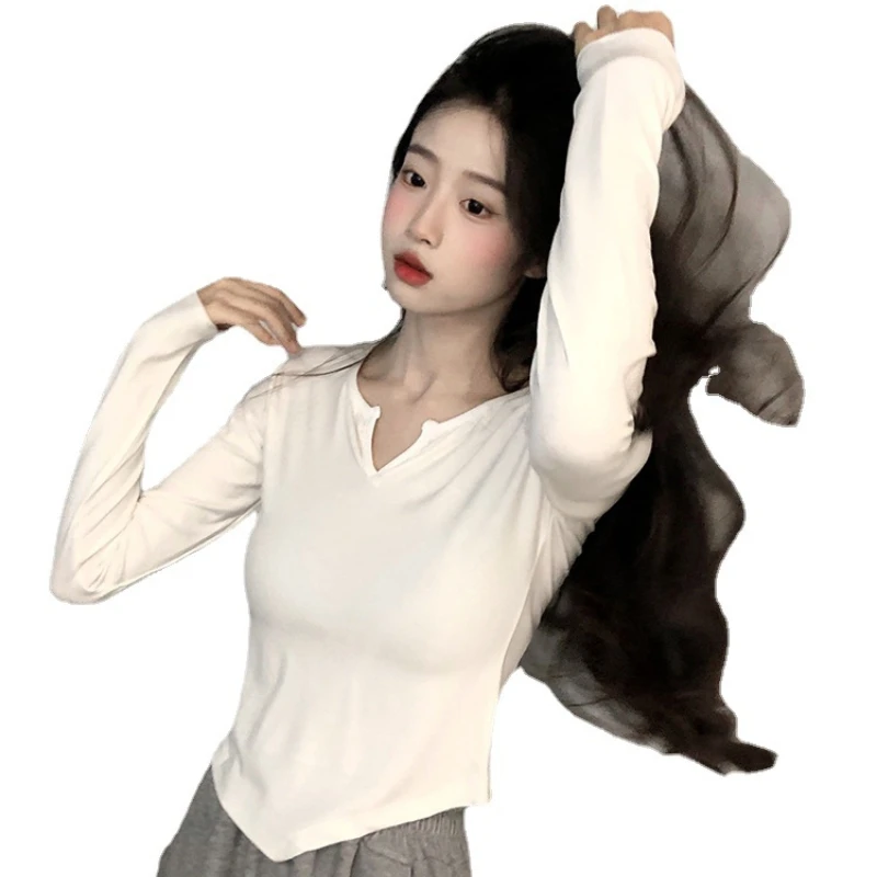 Women Long Sleeve T Shirt Spring Autumn Y2k Crop Top Casual Slim Fit Pullovers Korean V-Neck Top Streetwear Female Basic Tees