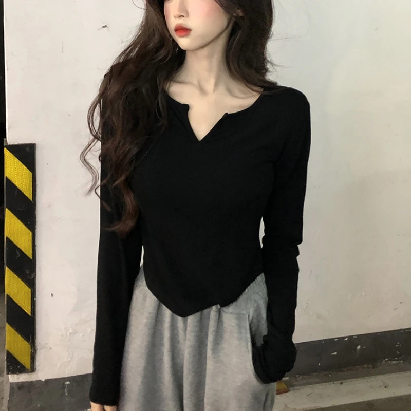 Women Long Sleeve T Shirt Spring Autumn Y2k Crop Top Casual Slim Fit Pullovers Korean V-Neck Top Streetwear Female Basic Tees