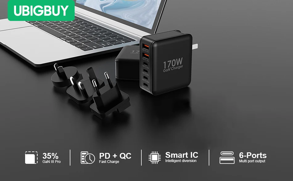 Ubigbuy 170W Fast Charger GaN 6-Port USB C PD 100W Wall Charger for MacBook Pro/Air ThinkPad iPad Pro Samsung S23 iPhone 15/14