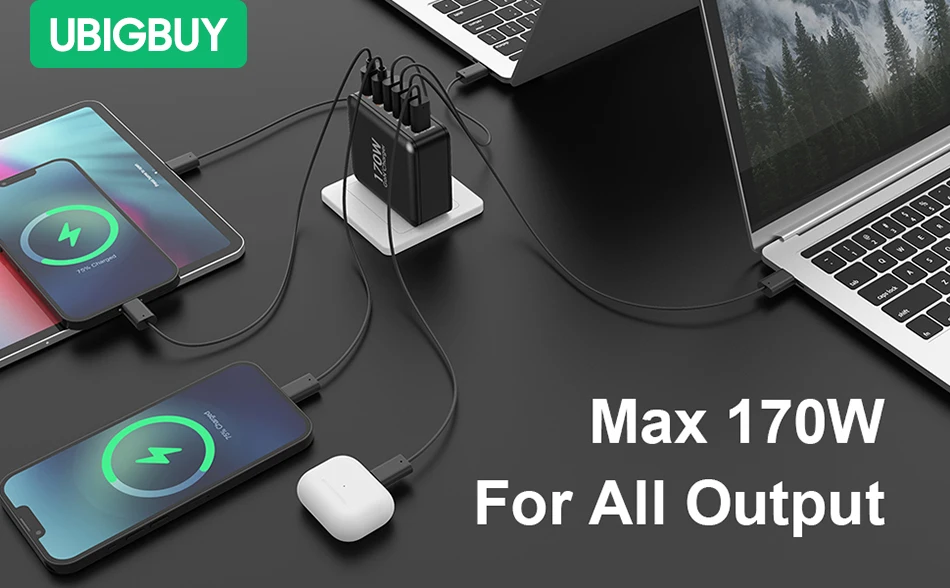 Ubigbuy 170W Fast Charger GaN 6-Port USB C PD 100W Wall Charger for MacBook Pro/Air ThinkPad iPad Pro Samsung S23 iPhone 15/14