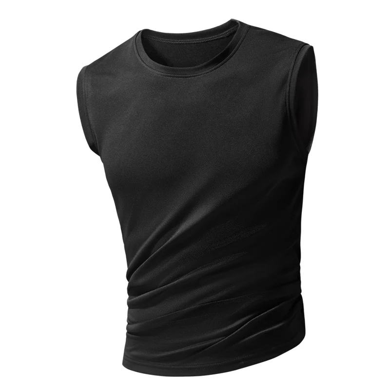 Men's new ice silk sleeveless vest fitness sports running T-shirt solid color breathable loose large size figure short sleeve