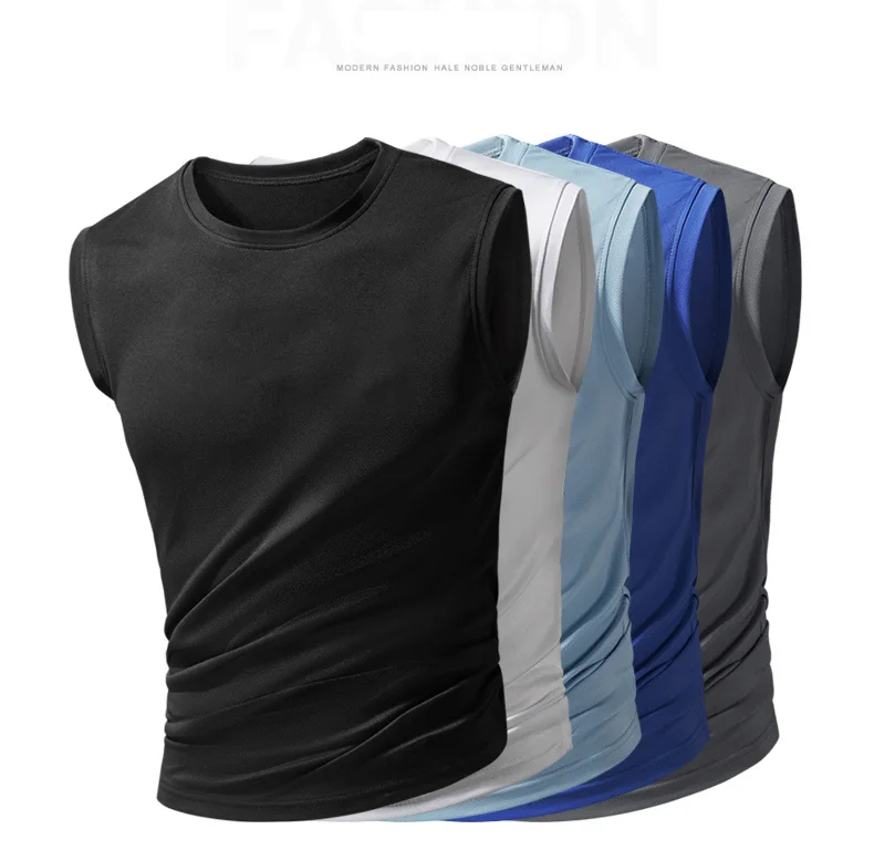 Men's new ice silk sleeveless vest fitness sports running T-shirt solid color breathable loose large size figure short sleeve