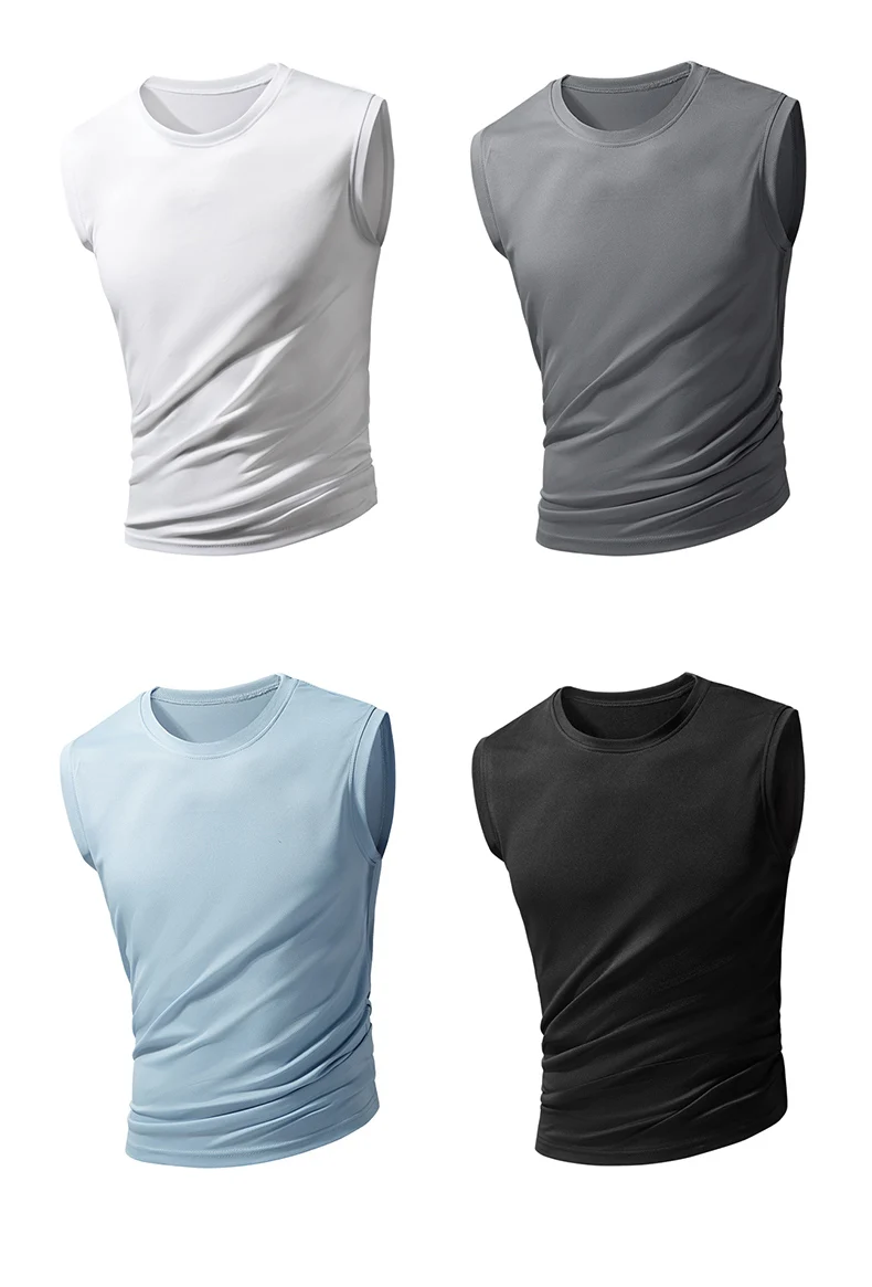 Men's new ice silk sleeveless vest fitness sports running T-shirt solid color breathable loose large size figure short sleeve