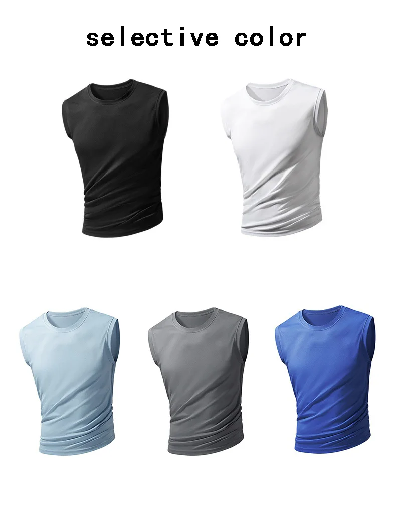 Men's new ice silk sleeveless vest fitness sports running T-shirt solid color breathable loose large size figure short sleeve