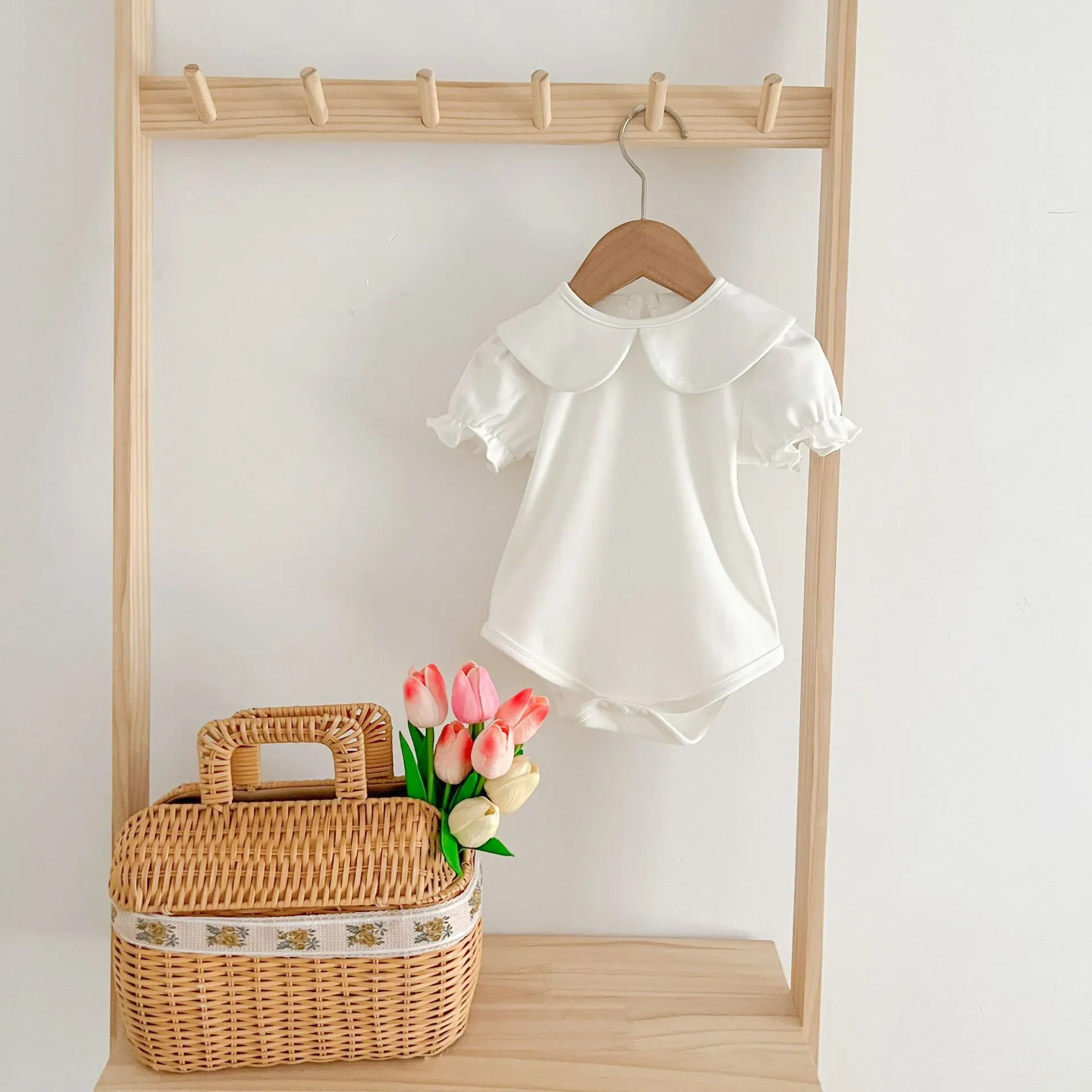 Summer Newborn Kids Baby Girls Doll Collar Solid Color Rompers Infant Baby Girls Short Sleeve Rompers Clothes