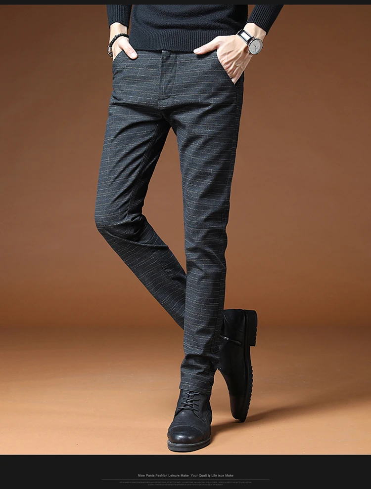 Classic Style Men's Casual Pants Fashion Striped Plaid Business Straight Slim Casual Pants Black Blue Gray Brand Men Trousers