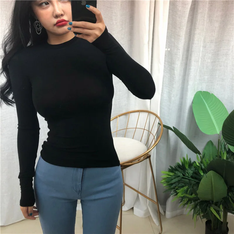 Thin Summer Top Sexy T Shirt Women Elasticity T-Shirt Korean Style Woman Clothes Slim Tshirt Female Casual Long Sleeve Tops