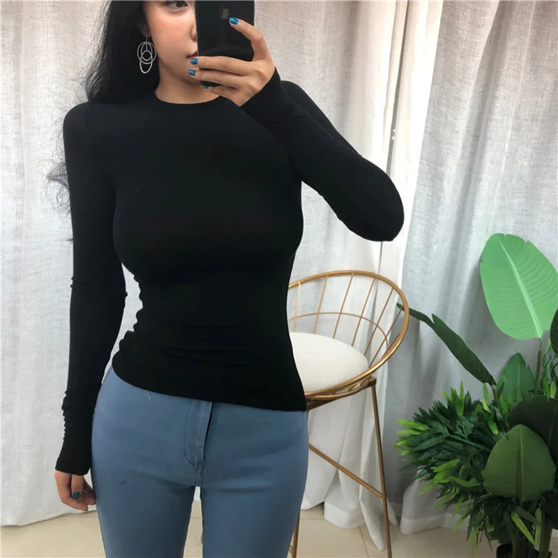 Thin Summer Top Sexy T Shirt Women Elasticity T-Shirt Korean Style Woman Clothes Slim Tshirt Female Casual Long Sleeve Tops
