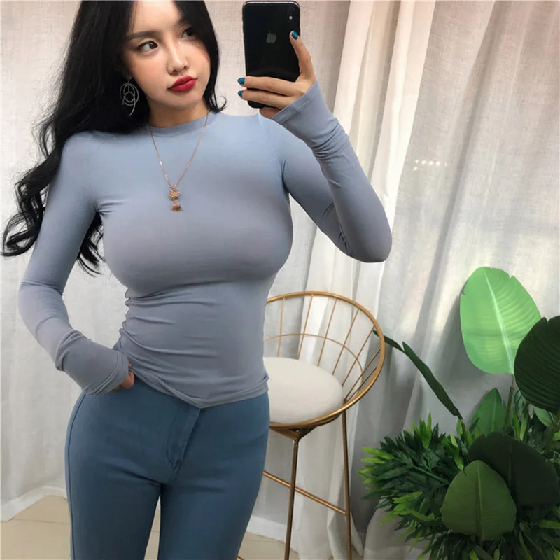 Thin Summer Top Sexy T Shirt Women Elasticity T-Shirt Korean Style Woman Clothes Slim Tshirt Female Casual Long Sleeve Tops