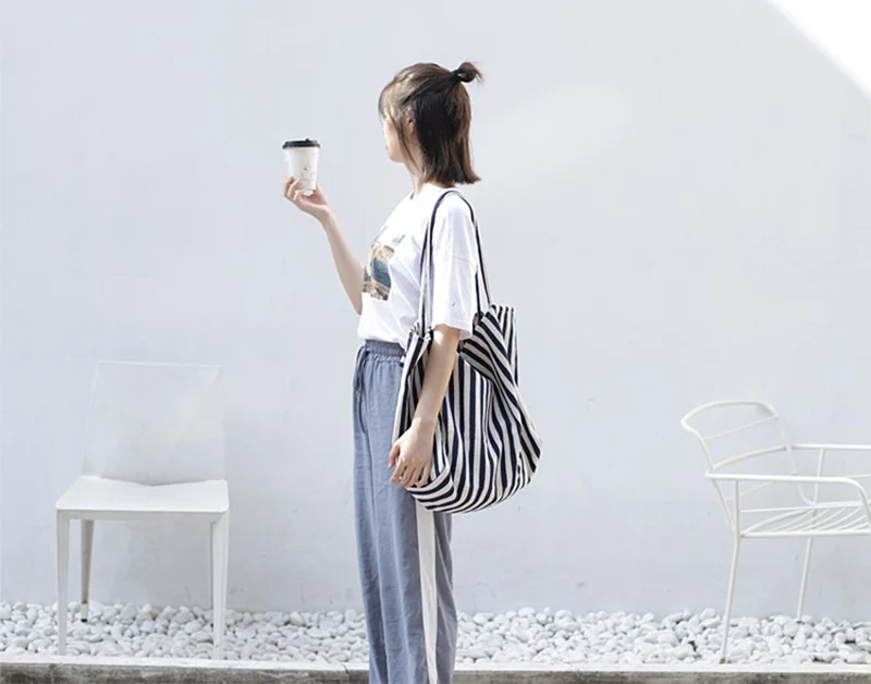 Casual Fashion Large Capacity Shoulder Bags For Women Striped Handbag Totes Canvas Big Size Shopping Bag Female Travel Pack