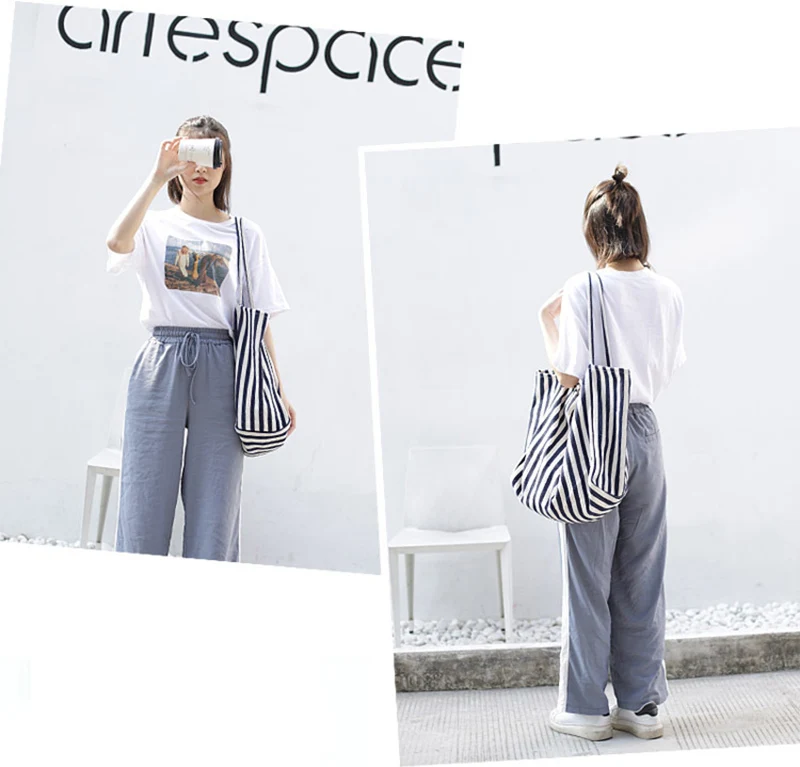 Casual Fashion Large Capacity Shoulder Bags For Women Striped Handbag Totes Canvas Big Size Shopping Bag Female Travel Pack