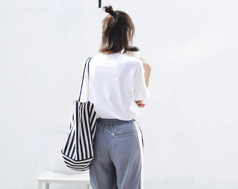 Casual Fashion Large Capacity Shoulder Bags For Women Striped Handbag Totes Canvas Big Size Shopping Bag Female Travel Pack