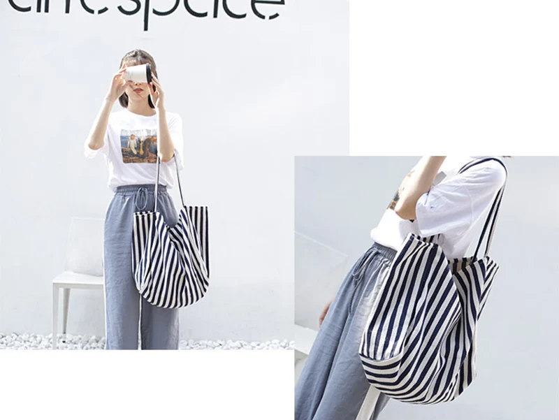 Casual Fashion Large Capacity Shoulder Bags For Women Striped Handbag Totes Canvas Big Size Shopping Bag Female Travel Pack