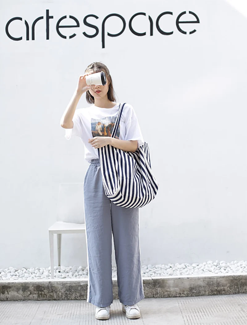 Casual Fashion Large Capacity Shoulder Bags For Women Striped Handbag Totes Canvas Big Size Shopping Bag Female Travel Pack