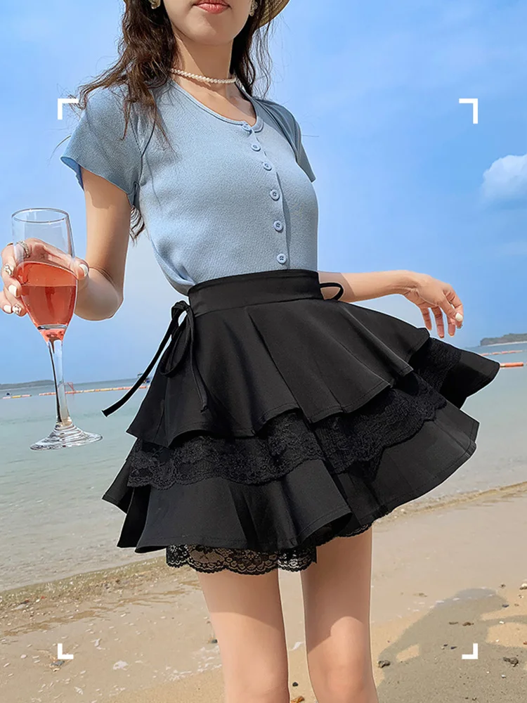 Black Patchwork Lace Short Women Cake Skirt With Lace Up High Waist Preppy Style Cute Ball Gown Kawaii Skirts Girls