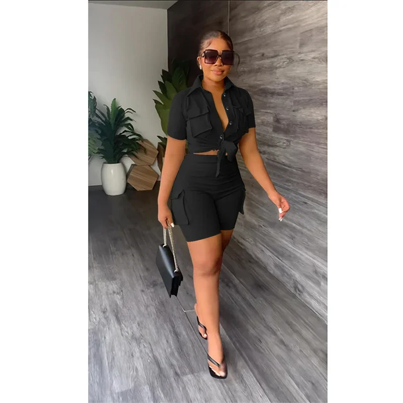 Streetwear Two Piece Set for Women Summer Outfits Pockets Short Sleeve Button-Up Shirt Top Short Sets Party Club Matching Sets