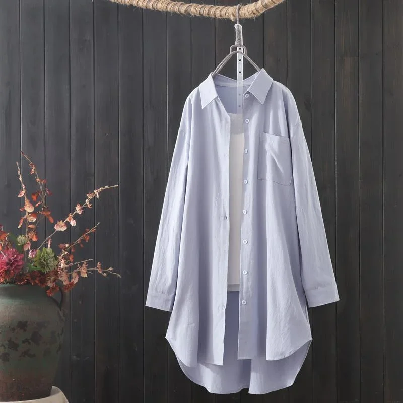 Korean Fashion White Shirt Women 2023 Spring Summer Loose Breathable Midi Shirt and Blouse Lady Simple Solid Color Long Shirts