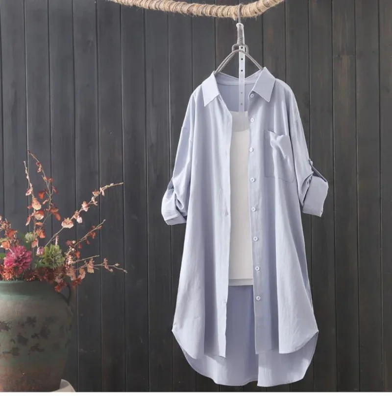 Korean Fashion White Shirt Women 2023 Spring Summer Loose Breathable Midi Shirt and Blouse Lady Simple Solid Color Long Shirts