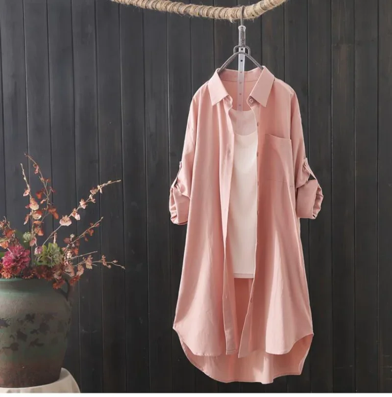 Korean Fashion White Shirt Women 2023 Spring Summer Loose Breathable Midi Shirt and Blouse Lady Simple Solid Color Long Shirts
