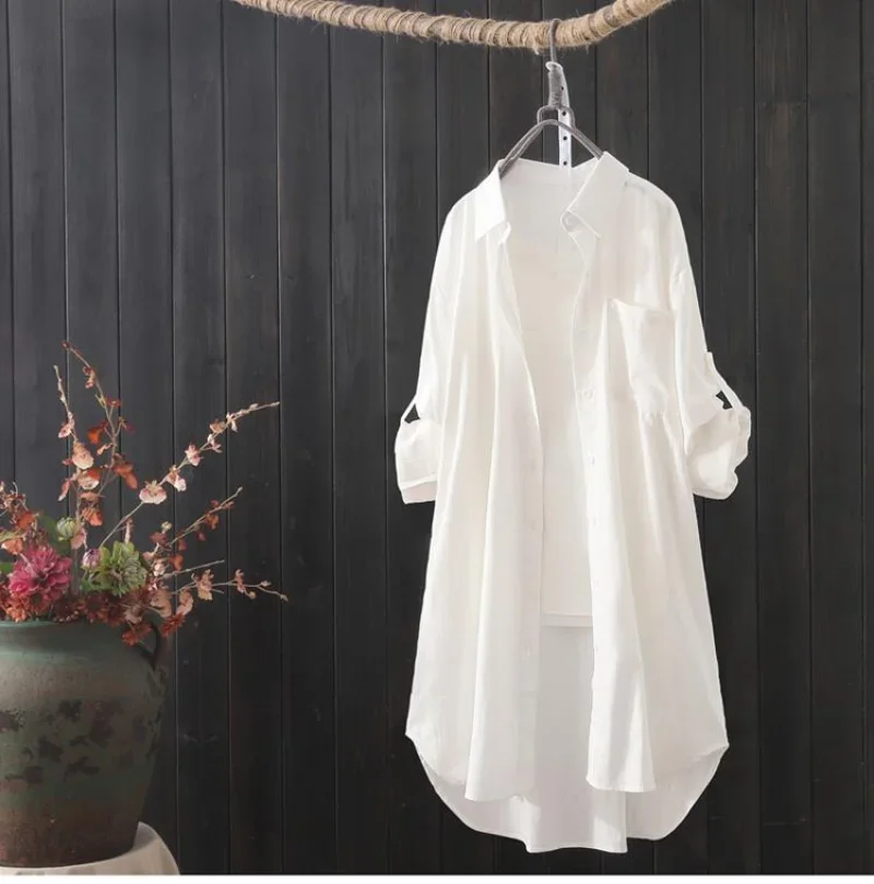 Korean Fashion White Shirt Women 2023 Spring Summer Loose Breathable Midi Shirt and Blouse Lady Simple Solid Color Long Shirts