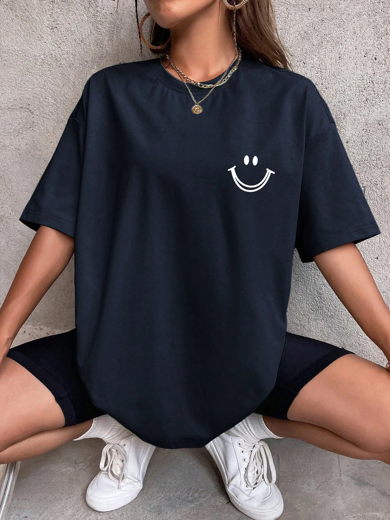 Happy Expression Printed Womens Cotton Short Sleeve Street Hip Hop Tee Clothing All-math Breathable Tops Crewneck Woman T-Shirts