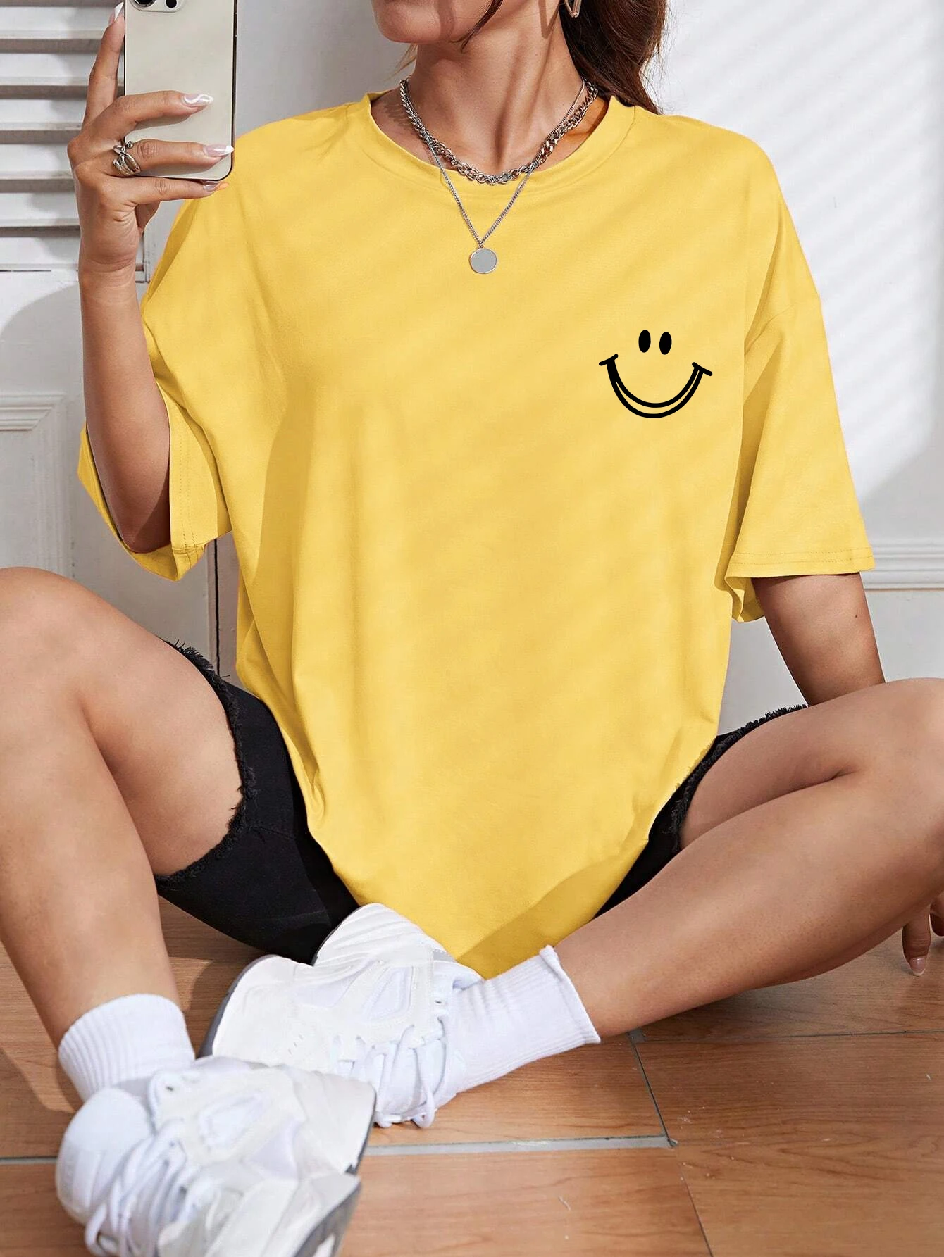 Happy Expression Printed Womens Cotton Short Sleeve Street Hip Hop Tee Clothing All-math Breathable Tops Crewneck Woman T-Shirts