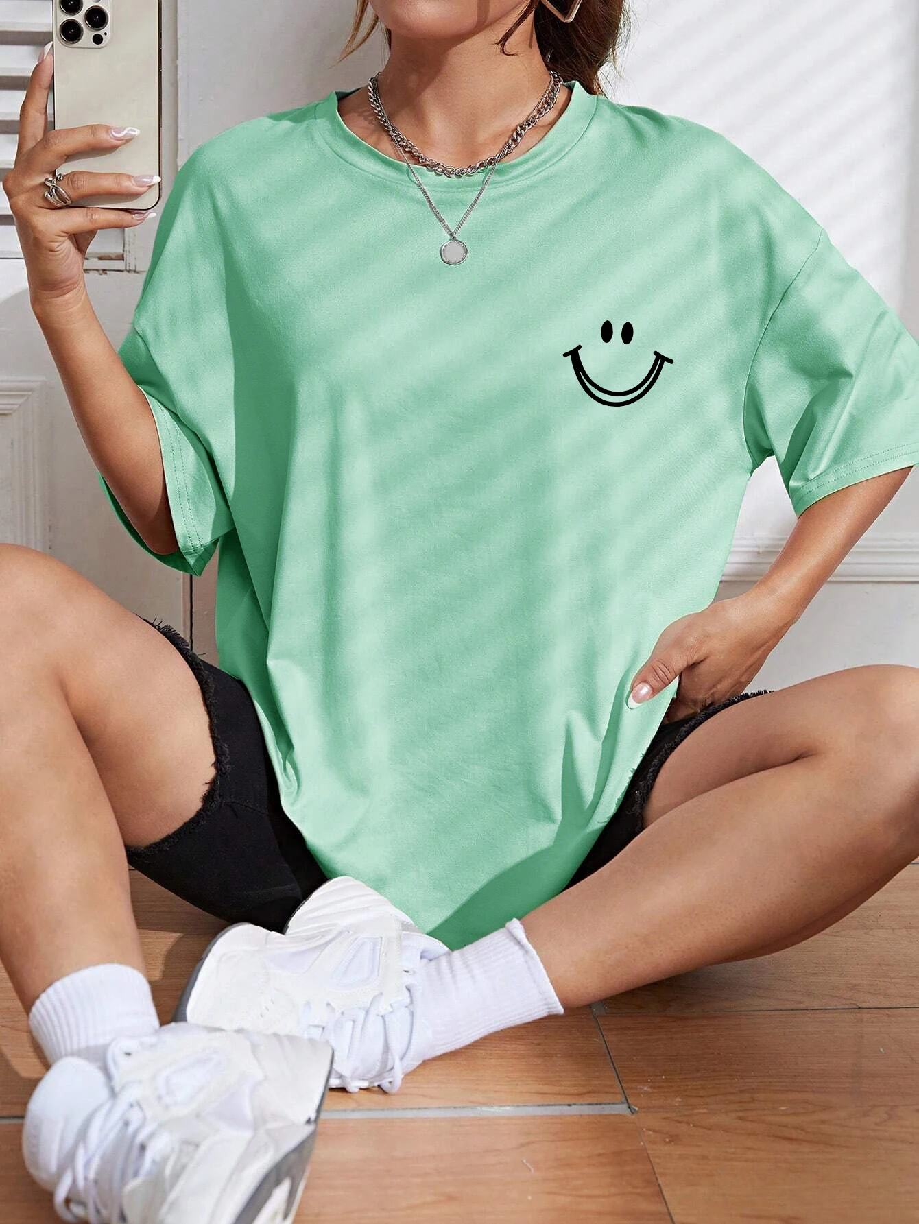 Happy Expression Printed Womens Cotton Short Sleeve Street Hip Hop Tee Clothing All-math Breathable Tops Crewneck Woman T-Shirts
