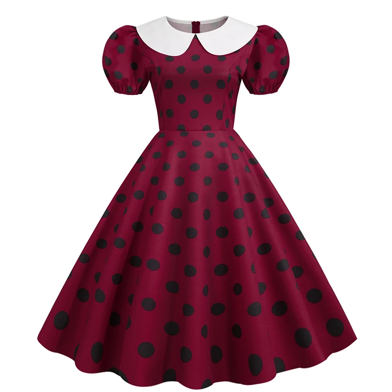 Elegant Women Summer Dress Puff Short Sleeve Polka Dot Peter Pan Collar Vintage A-line Midi Long Party Sundress