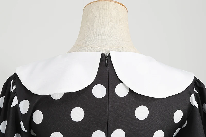 Elegant Women Summer Dress Puff Short Sleeve Polka Dot Peter Pan Collar Vintage A-line Midi Long Party Sundress