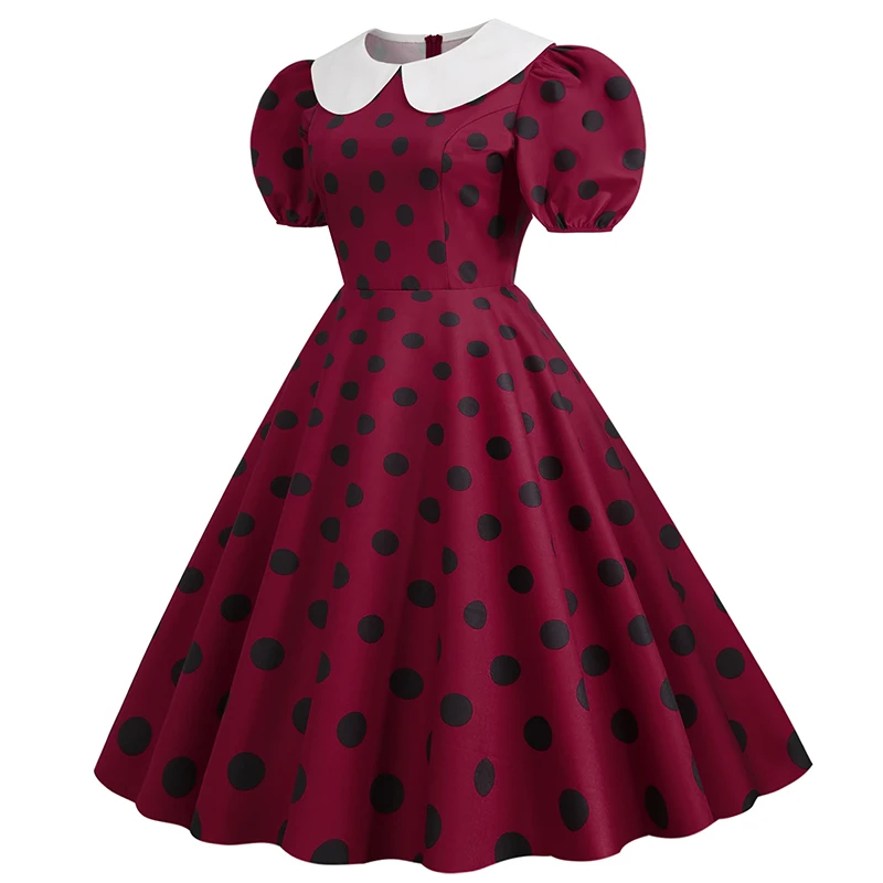 Elegant Women Summer Dress Puff Short Sleeve Polka Dot Peter Pan Collar Vintage A-line Midi Long Party Sundress