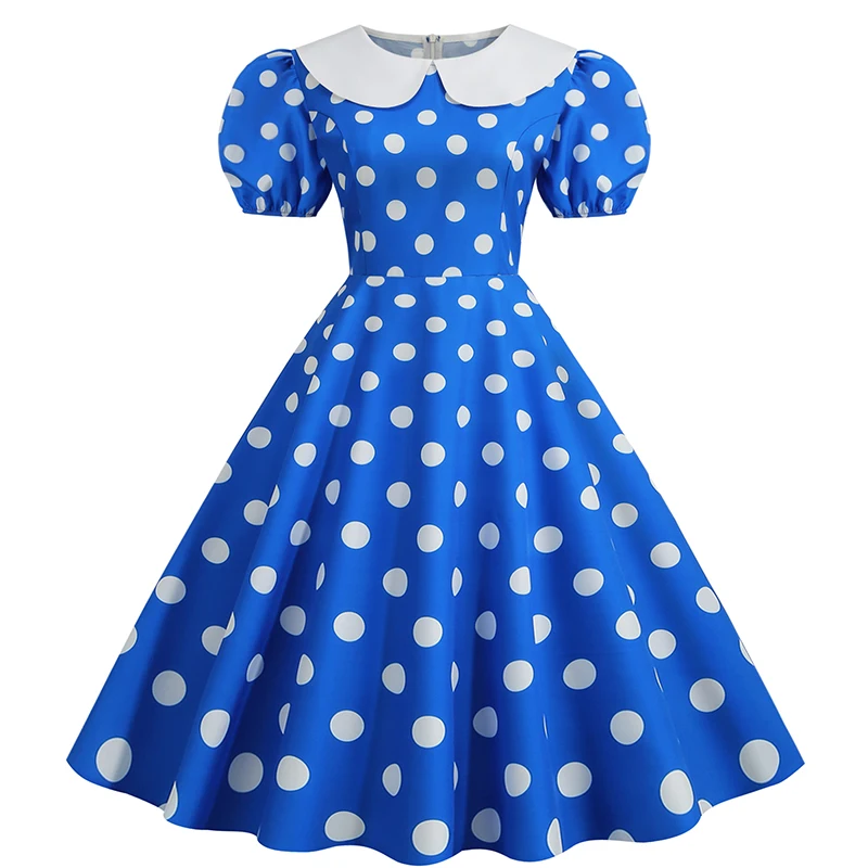 Elegant Women Summer Dress Puff Short Sleeve Polka Dot Peter Pan Collar Vintage A-line Midi Long Party Sundress