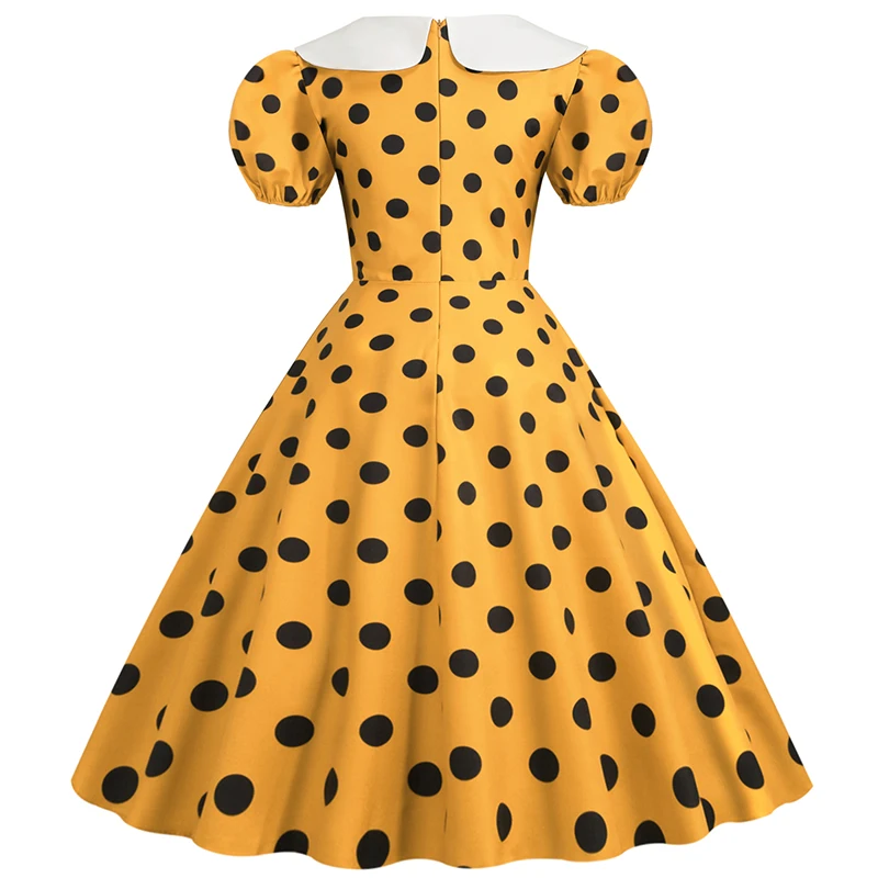 Elegant Women Summer Dress Puff Short Sleeve Polka Dot Peter Pan Collar Vintage A-line Midi Long Party Sundress