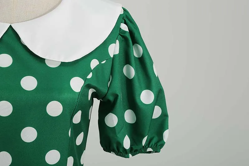 Elegant Women Summer Dress Puff Short Sleeve Polka Dot Peter Pan Collar Vintage A-line Midi Long Party Sundress