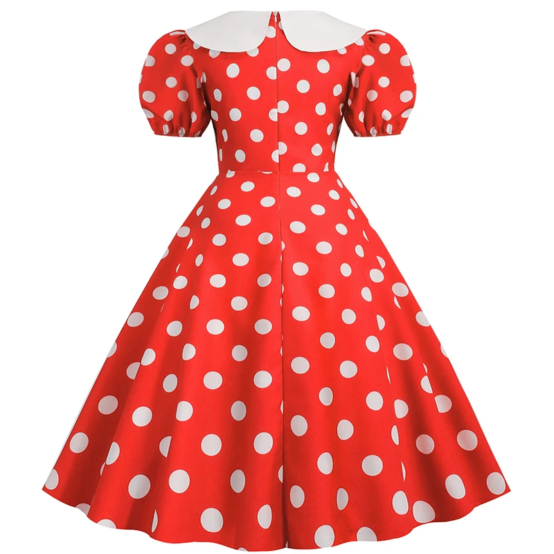 Elegant Women Summer Dress Puff Short Sleeve Polka Dot Peter Pan Collar Vintage A-line Midi Long Party Sundress