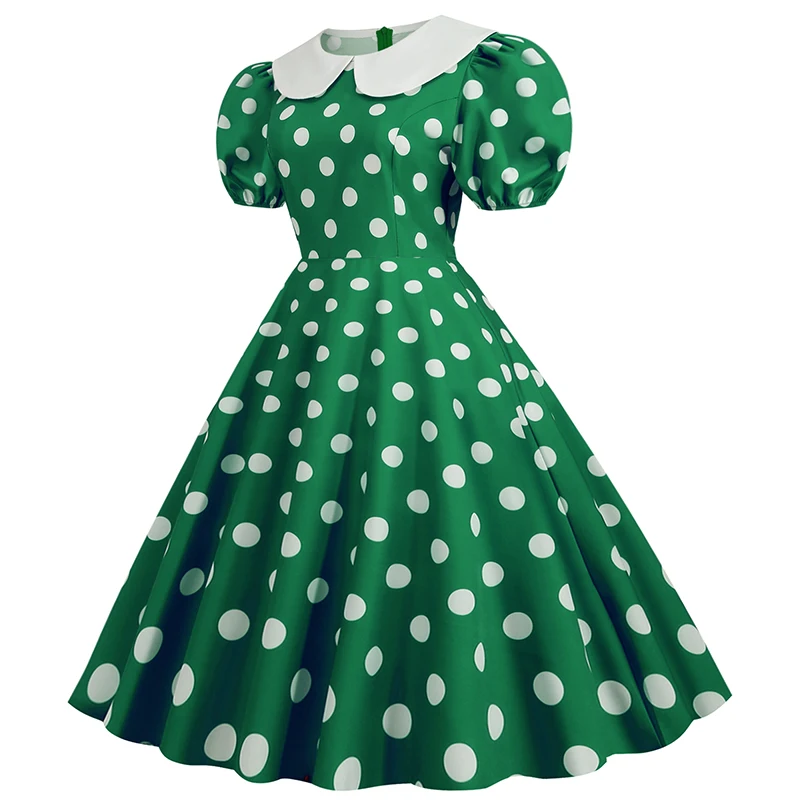 Elegant Women Summer Dress Puff Short Sleeve Polka Dot Peter Pan Collar Vintage A-line Midi Long Party Sundress