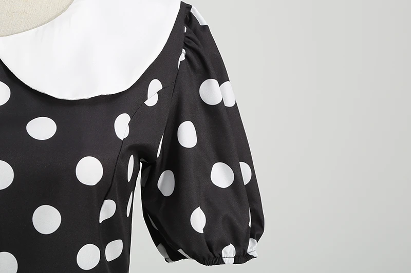 Elegant Women Summer Dress Puff Short Sleeve Polka Dot Peter Pan Collar Vintage A-line Midi Long Party Sundress