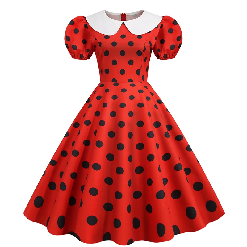 Elegant Women Summer Dress Puff Short Sleeve Polka Dot Peter Pan Collar Vintage A-line Midi Long Party Sundress