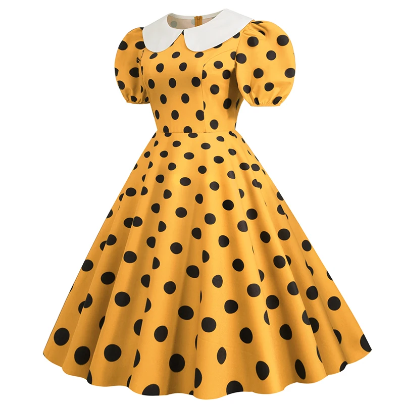 Elegant Women Summer Dress Puff Short Sleeve Polka Dot Peter Pan Collar Vintage A-line Midi Long Party Sundress