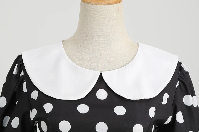 Elegant Women Summer Dress Puff Short Sleeve Polka Dot Peter Pan Collar Vintage A-line Midi Long Party Sundress