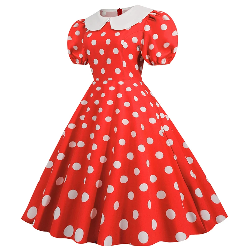 Elegant Women Summer Dress Puff Short Sleeve Polka Dot Peter Pan Collar Vintage A-line Midi Long Party Sundress